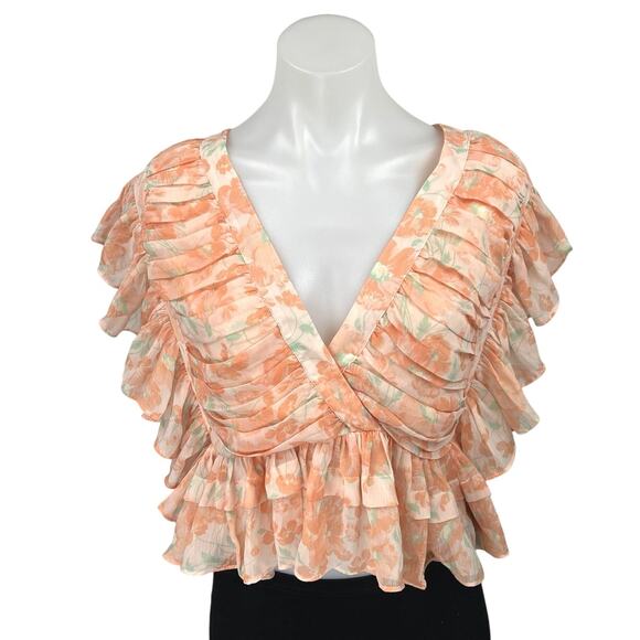 NEW Tularosa Kaia Orange Floral Ruffle Short Sleeve Peplum Crop Blouse Top Sz M - Picture 2 of 6